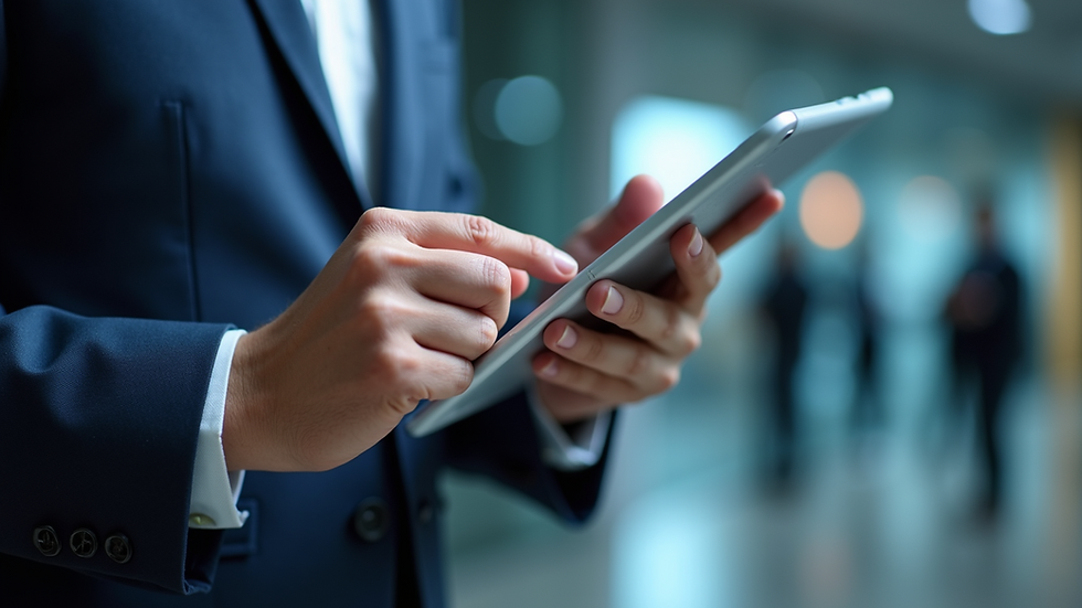 Close-up view of a consultant explaining automation strategy on a digital tablet