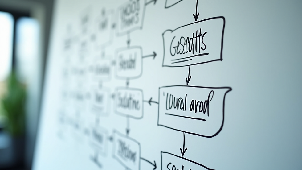 Close-up of a flowchart diagram on a whiteboard showing business process steps
