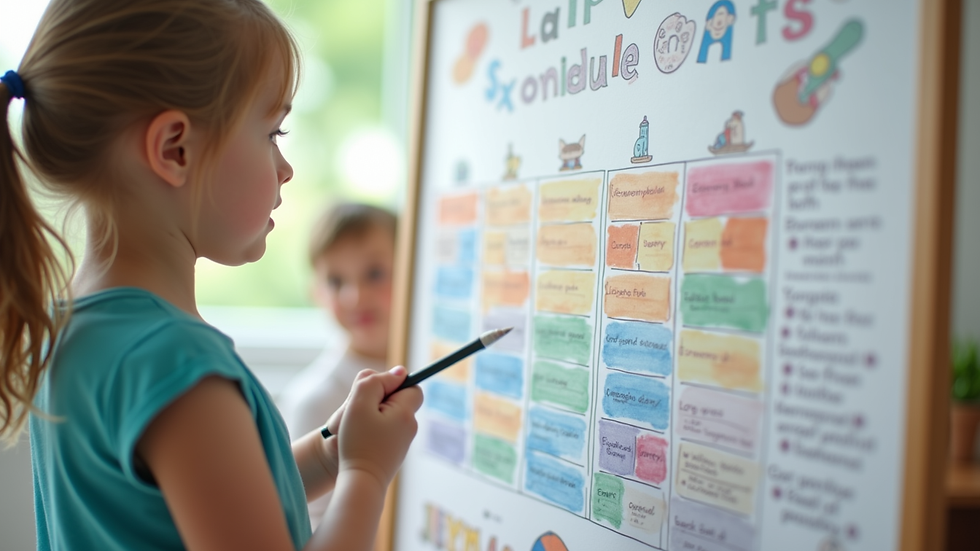 Close-up of a colorful visual schedule chart for children