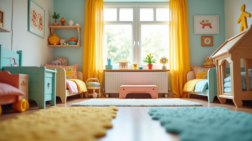 Eye-level view of a bright and colorful nursery room with toys and small beds
