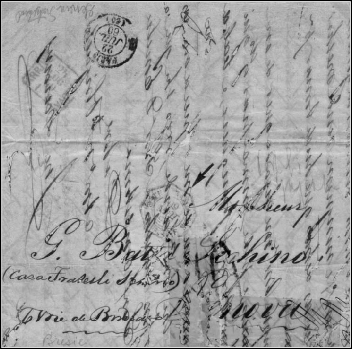 Fig. 2 - Carta para Gênova - Porte simples para a Itália - Carimbo “Postes Françaises Guienne” de 25 de junho de 1860. Primeira viagem sob a Convenção Brasil-França