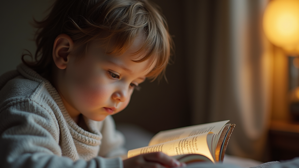 Close-up view of a child reading a book in a cozy corner