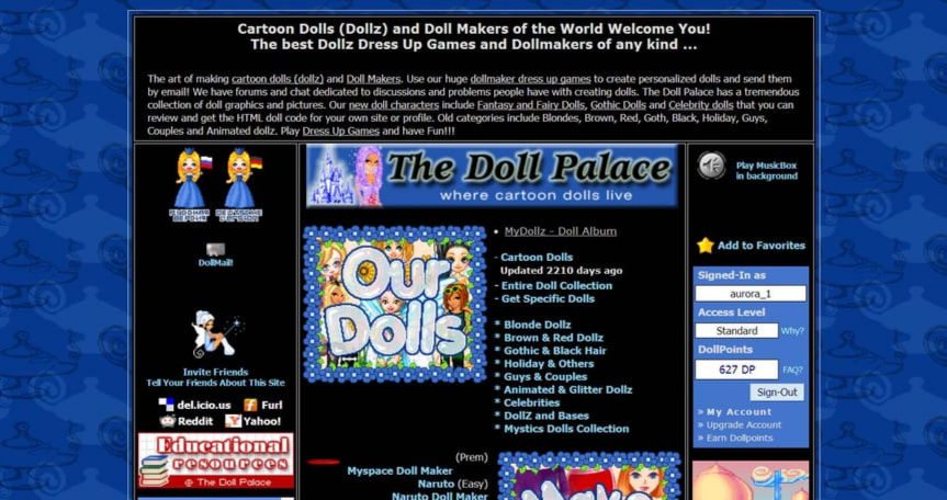 A screenshot of the 2000s website The Doll Palace.