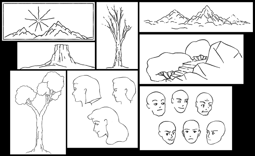 Eight illustrations. Landscapes, mountains, and trees, as well as character profiles and facial expressions.