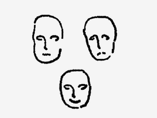 Illustration of three abstracted faces, each with different facial expressions. Neutral, dejected, smirking.