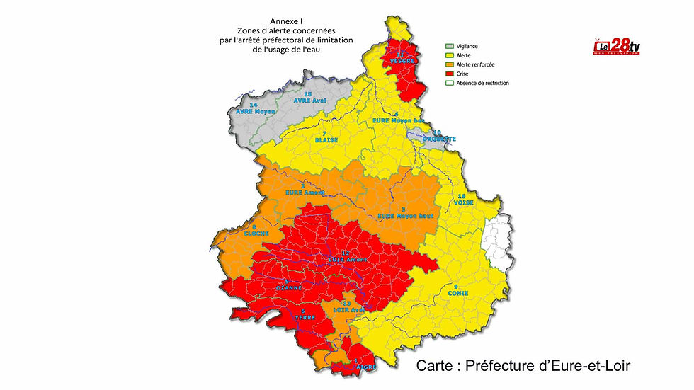 Au 27 juillet 2026, cinq zones du département restent en niveau de crise (en rouge), malgré une amélioration très localisée