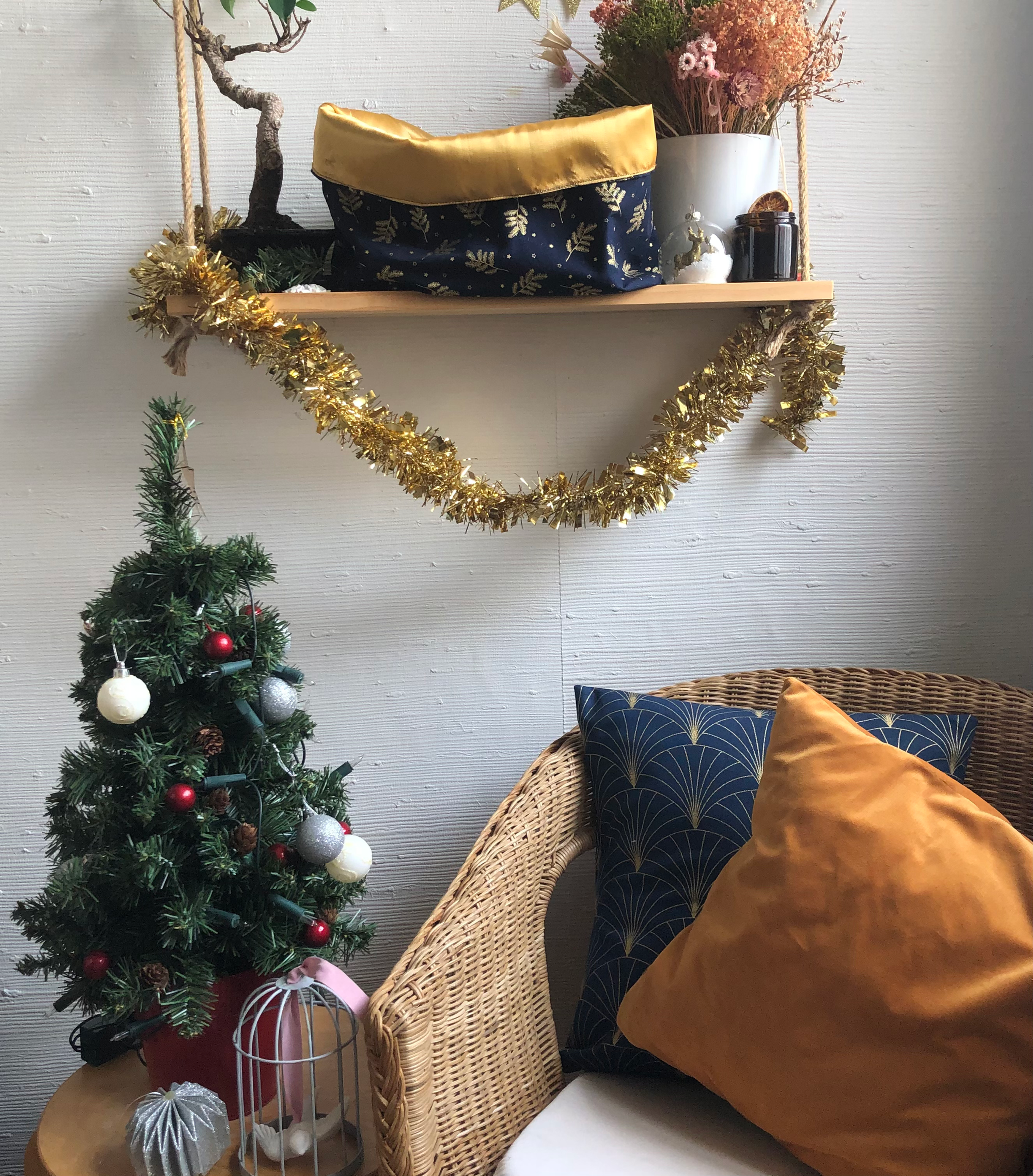 Housse de coussin Noël bleu et or