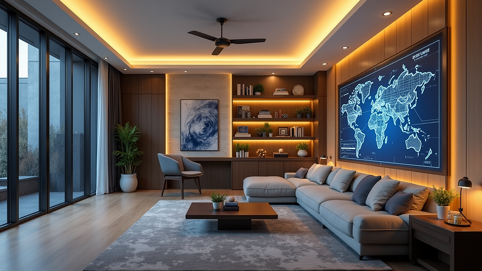 Eye-level view of modern living room with layered lighting