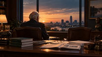 Een oudere belegger in een kantoor bij zonsondergang, met een lege stoel naast hem als symbool voor Charlie Munger