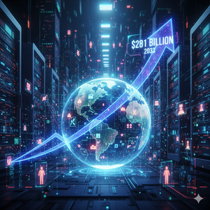 “Dijital veri merkezinde parlayan dünya küresi üzerinde yükselen bir grafik eğrisi, 2033 yılına kadar çevrimiçi oyun pazarının 281 milyar dolara ulaşacağını simgeliyor. Görsel, teknolojik büyüme, yapay zekâ ve küresel oyun ekonomisini temsil ediyor