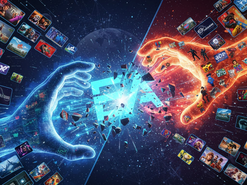 Electronic Arts logosunun iki dijital el arasında parçalanarak yeniden şekillendiği, mavi ve turuncu enerjilerin çarpıştığı dinamik bir görsel. Görsel, oyun dünyasındaki dev satın almaları ve teknoloji ile yaratıcılığın birleşmesini sembolize ediyor.