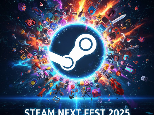 Steam Next Fest 2025 etkinliğini temsil eden görsel — parlak mavi bir Steam logosu etrafında patlayan oyun ikonları ve dijital efektlerle dolu, demo ve keşif temalı görsel kompozisyon.