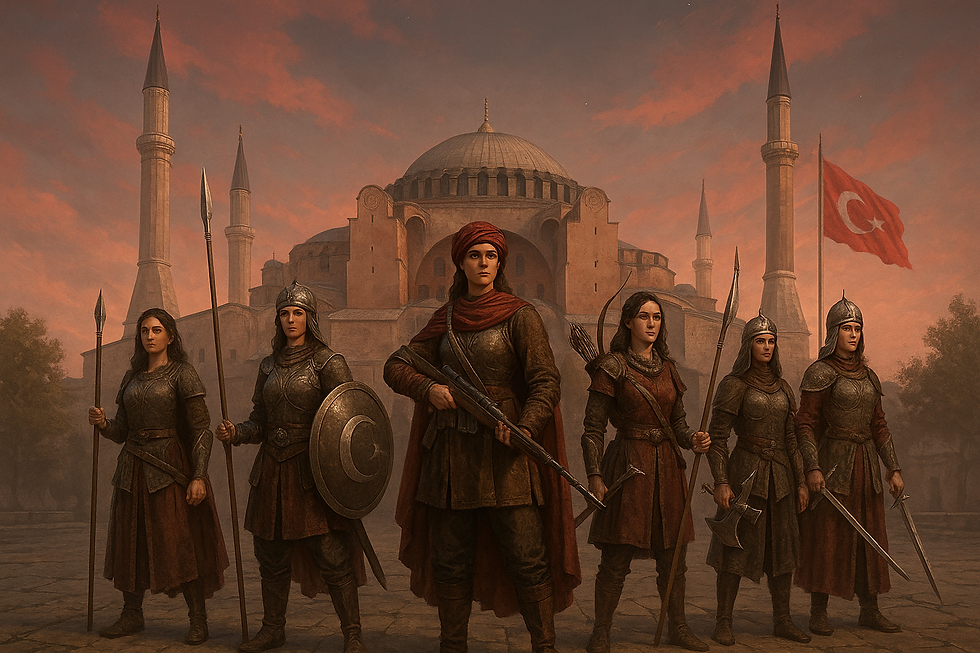 “Ayasofya Camii’nin önünde dizilmiş altı güçlü Türk kadın savaşçı; her biri farklı silahlar taşıyor: kılıç, mızrak, balta, ok, kalkan ve tüfek. Gün batımının kızıl tonlarında parlayan gökyüzüyle birlikte, arkada dalgalanan Türk bayrağı Cumhuriyet’in gücünü ve kadınların direnişini simgeliyor.”