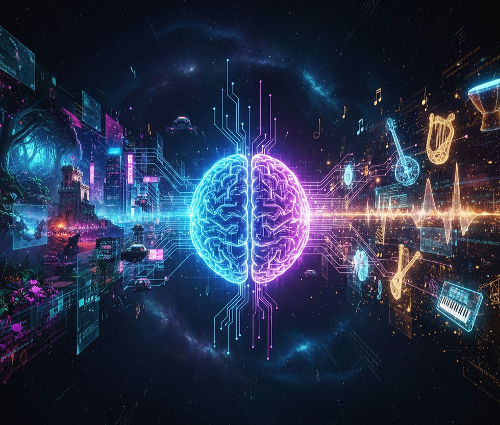Yapay zekâ ile oyun geliştirmeyi temsil eden görsel — dijital beyin, müzik ve teknoloji sembolleriyle birleşerek yaratıcı oyun tasarımı ve yapay zekâ destekli üretim süreçlerini simgeliyor.