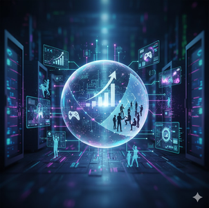 “Dijital veri merkezinde yer alan holografik küre içinde yükselen grafikler, oyun dünyasının teknolojik büyümesini ve oyuncu davranışlarının değişimini temsil ediyor. Görselde oyun simgeleri, sanal karakterler ve veri akışıyla pazarın gelişimi vurgulanıyor.