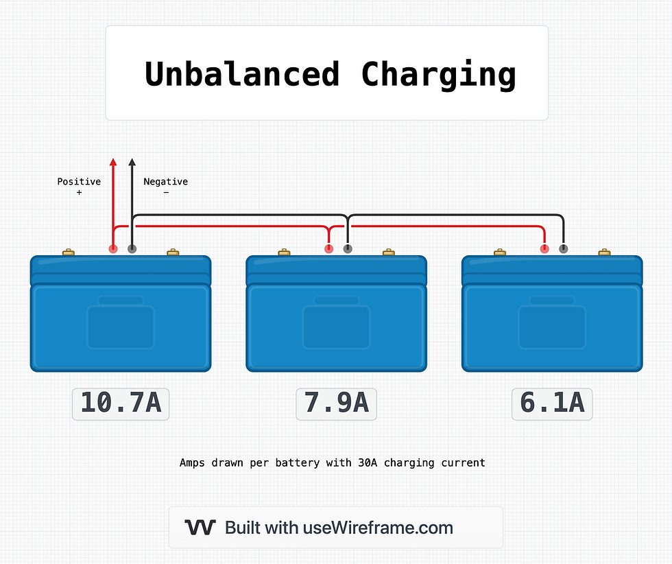 Diagram showing unbalanced charging of a battery bank wired in parallel