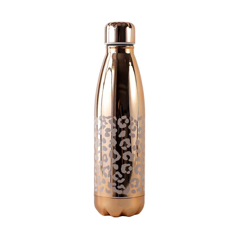 Leopard print rose gold drinking bottle.