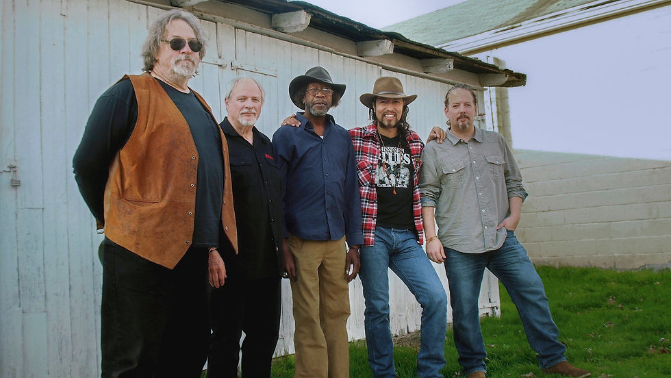 Dale, Tony, R.L., Carlos, Bobby behind Right Coast Recording studio during the Del Otún & el Mississippi sessions. This photo was used for the back side of the CD cover.