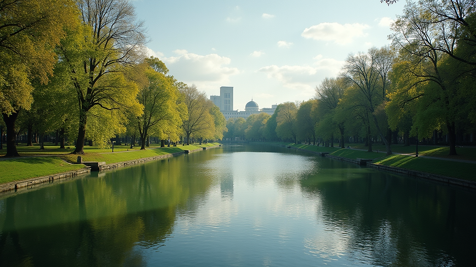 High angle view of Retiro Park with trees and lake