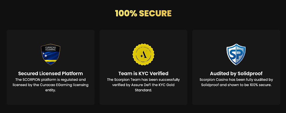 Finally, Scorpion Casino is fully doxxed through Assure DeFi - the KYC Gold Standard in DeFi, and the $SCORP token has been audited by SolidProof - the number one security firm in the industry.