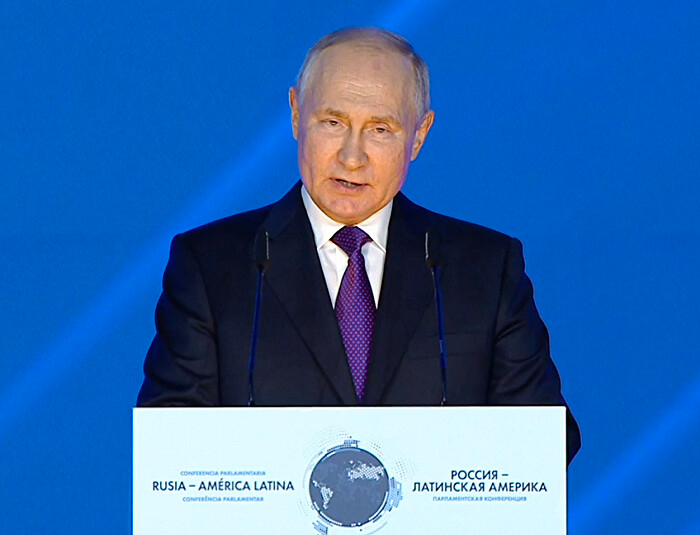 Russian President Vladimir Putin addresses the Russia - Latin America conference.