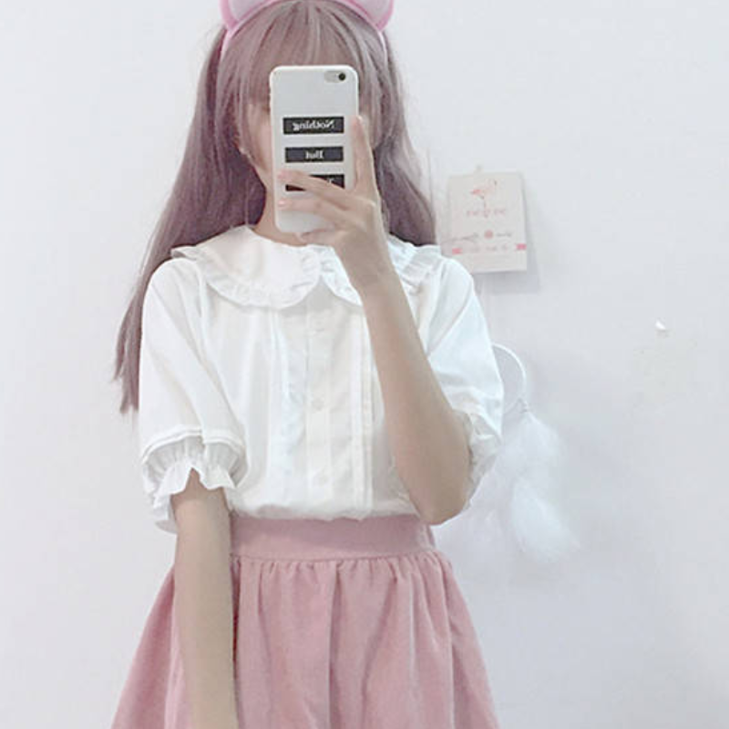 Thumbnail: College Style Sweet Ruffle Short Sleeve Women's Top