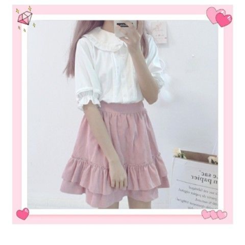 Thumbnail: College Style Sweet Ruffle Short Sleeve Women's Top