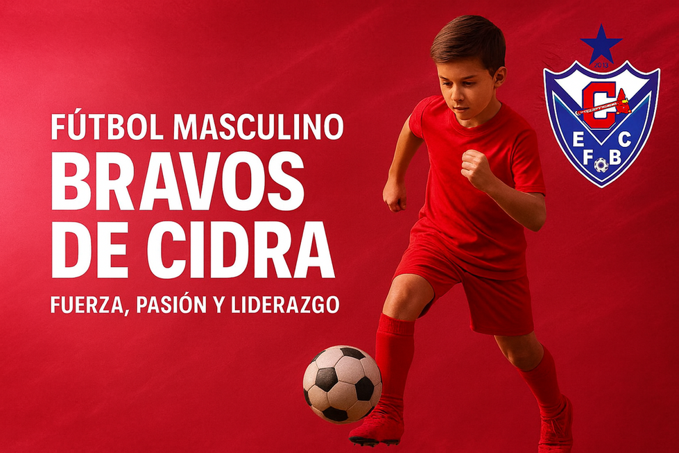 Niño pateando balón de fútbol con texto Bravos De Cidra sobre fondo rojo. Escuela De Futbol Bravos De Cidra