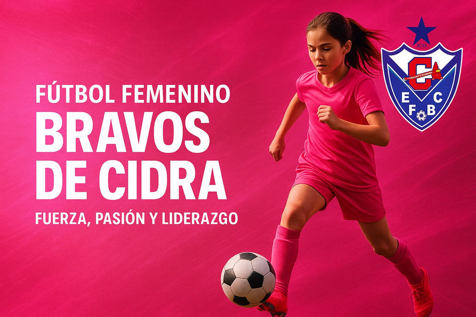 Girl kicking soccer ball, text Bravos De Cidra, pasión y liderazgo. Categorías Femeninas.