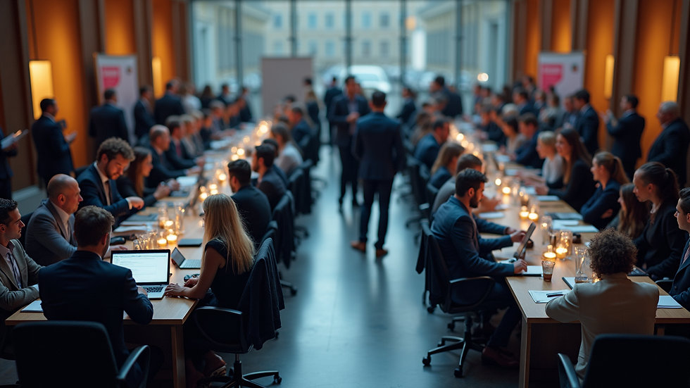 High angle view of a group of people networking at a conference