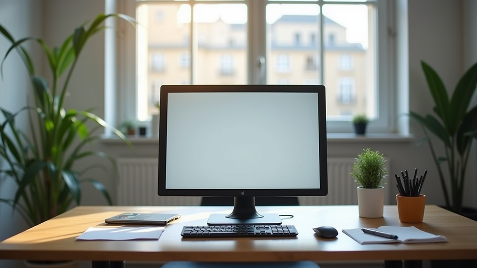 Vue rapprochée d’un bureau avec un ordinateur affichant des graphiques de réputation en ligne