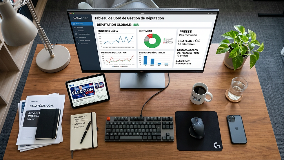 Vue en plongée d’un bureau avec ordinateur affichant un tableau de bord de gestion de réputation