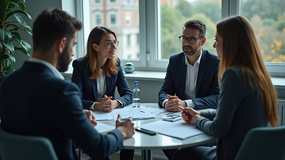High angle view of a business team discussing cybersecurity strategy