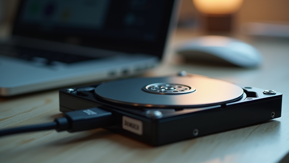 Eye-level view of external hard drive connected to laptop