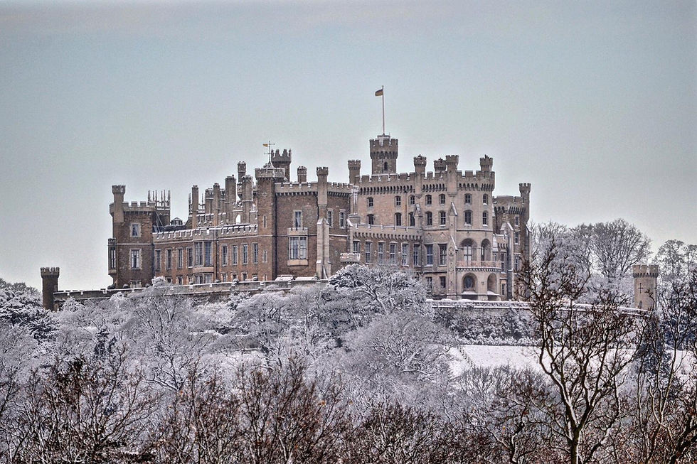Belvoir castle on a snow-covered hill, surrounded by leafless trees under a pale gray sky, exuding a serene winter atmosphere.