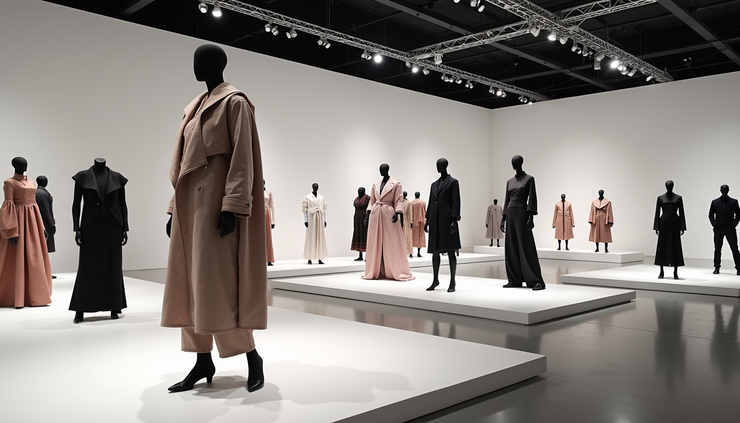 Eye-level view of a London College of Fashion exhibition space showcasing innovative fashion designs and creative displays