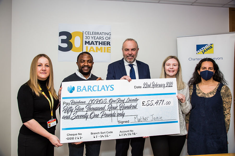 Mather Jamie hand over a cheque for £55,471 to Loros, Rainbows and One Roof Leicester
