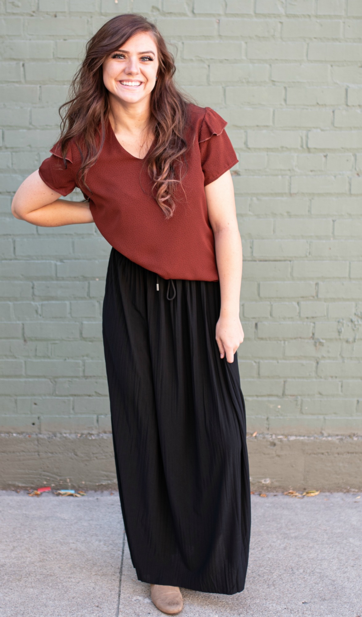 Flutter Sleeve Top-Rust Dot