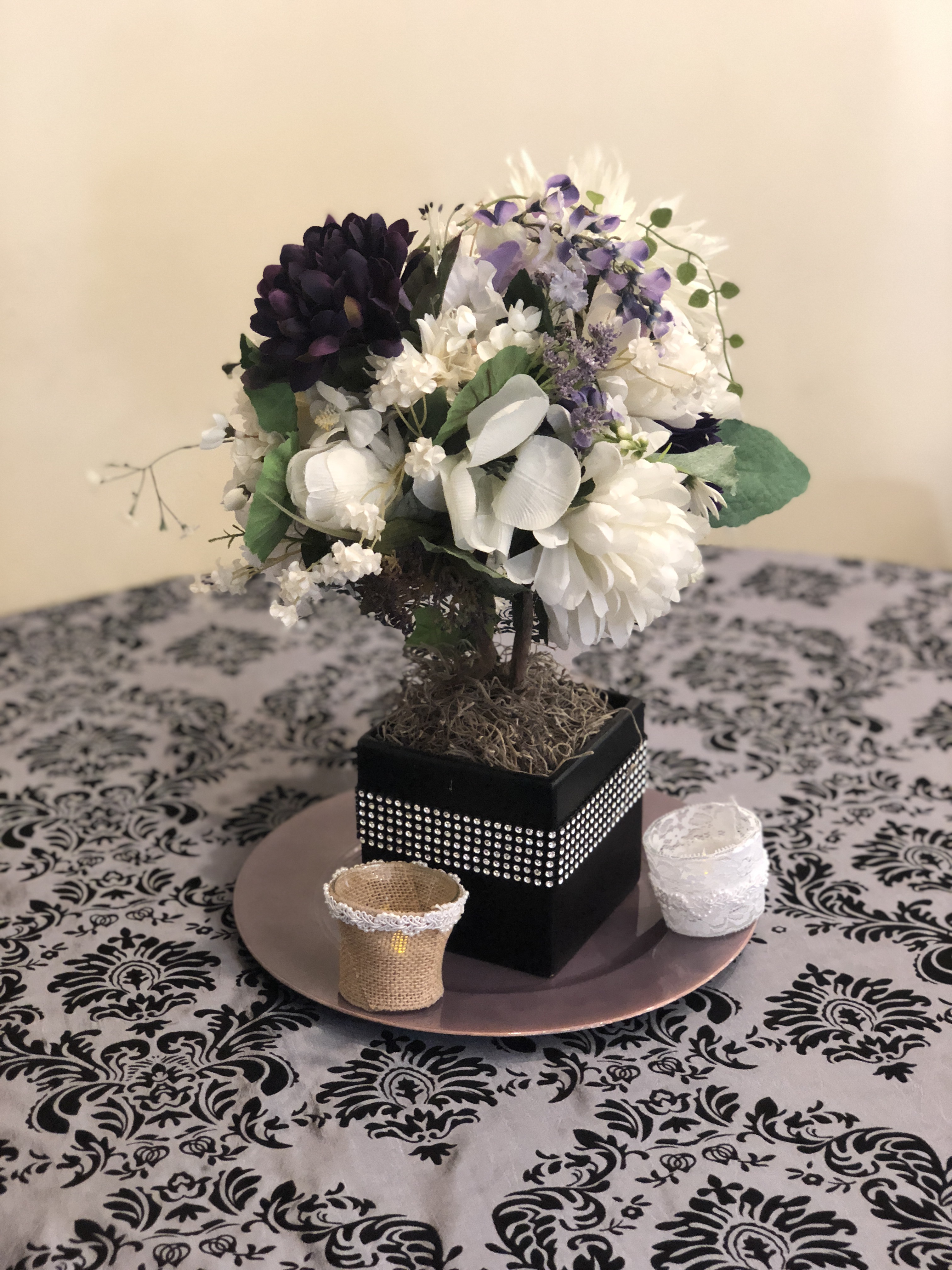 Table linens and centerpieces.
