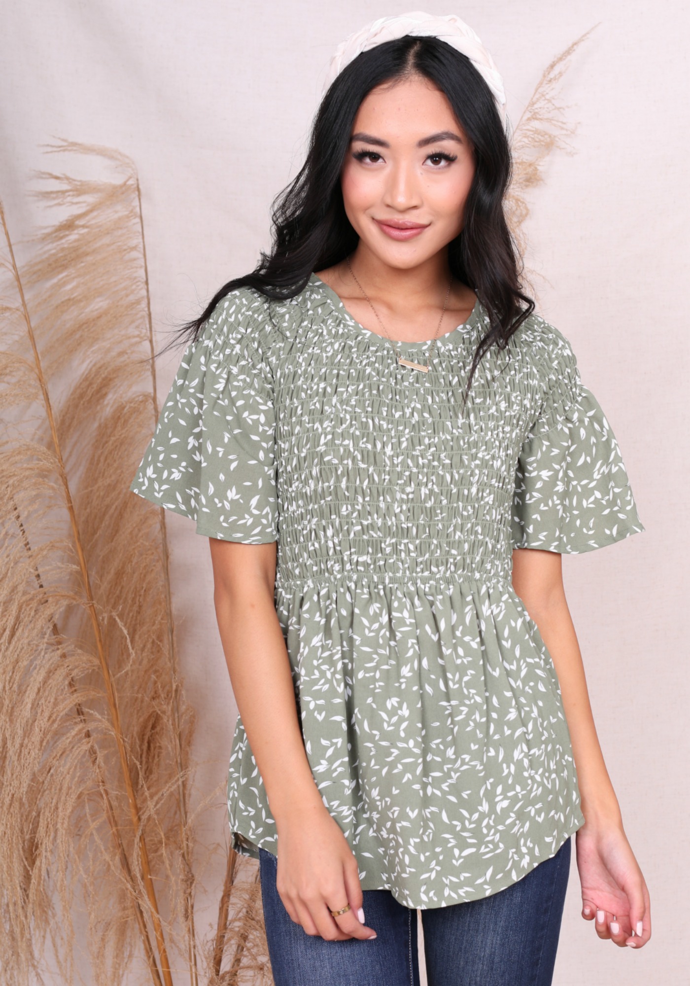 Smocked Top-Sage Green Floral