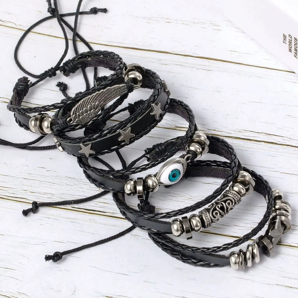 Thumbnail: Evil Eye Wing Star Bracelet Set - 5 Pieces with PU Leather & Beads