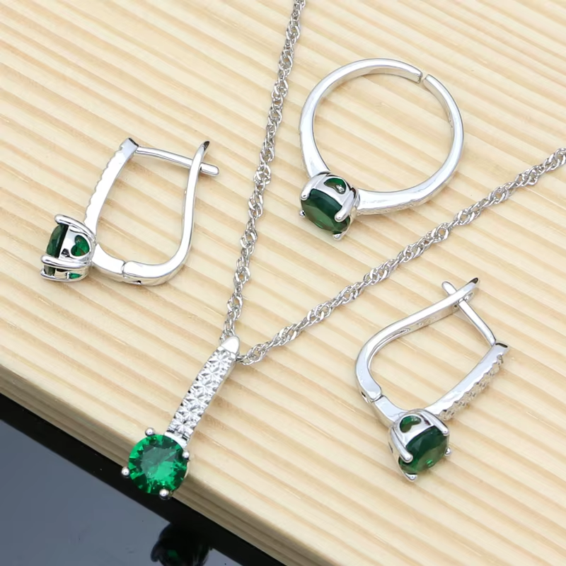 Thumbnail: Elegant Silver 925 Jewelry Set with Natural Green Emerald Earrings and Necklace