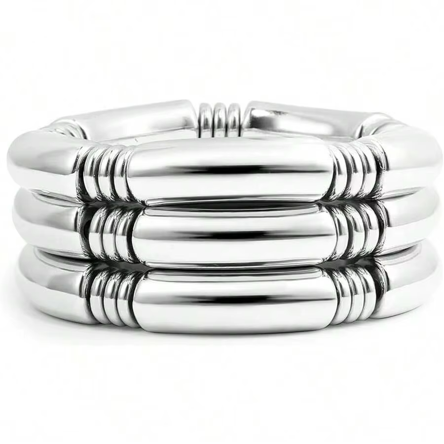 Thumbnail: Gold Chunky Bamboo Tube Stretch Bangles Set for Women - 3 Pieces