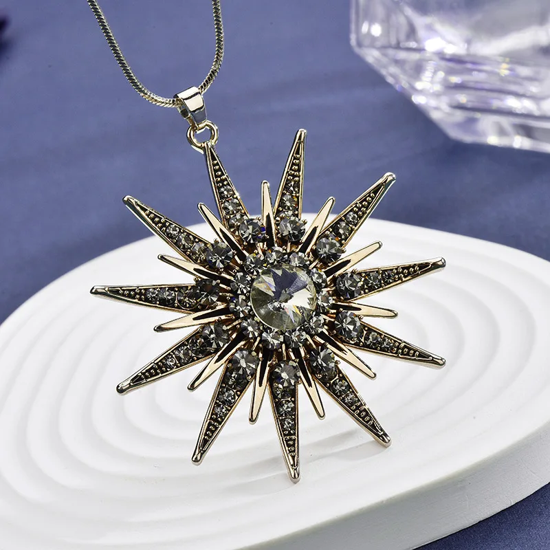 Thumbnail: Sunflower Crystal Pendant Necklace - Fashion Metal Sweater Chain for Women