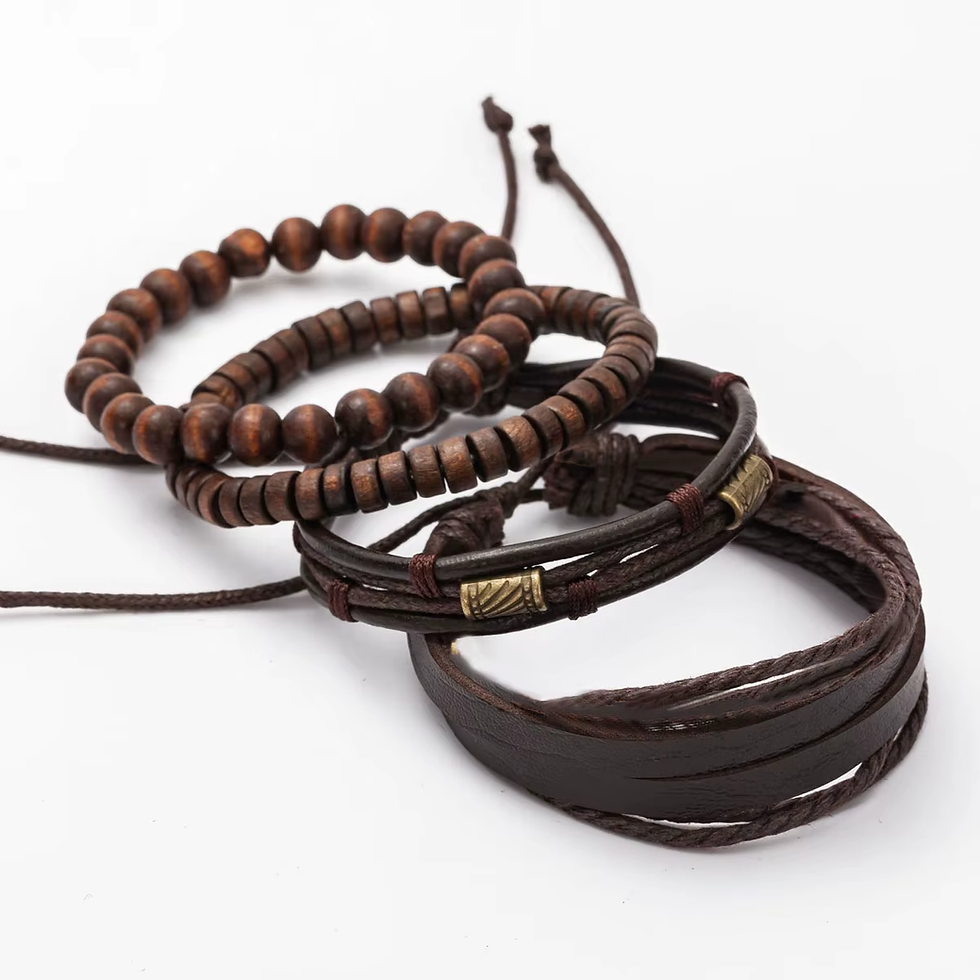 Thumbnail: Men's Vintage Multi-Layer Wooden Bead Bracelet - Set of 4 Fashion Accessories