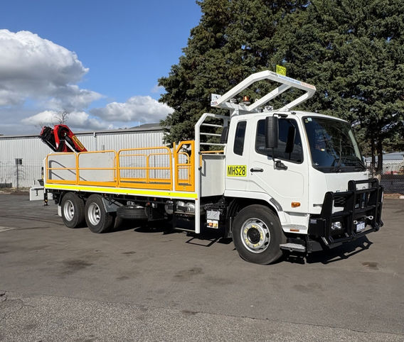 Hiab crane truck with rear-mounted crane and full mine specification available for hire from Mandurah Hire Solutions