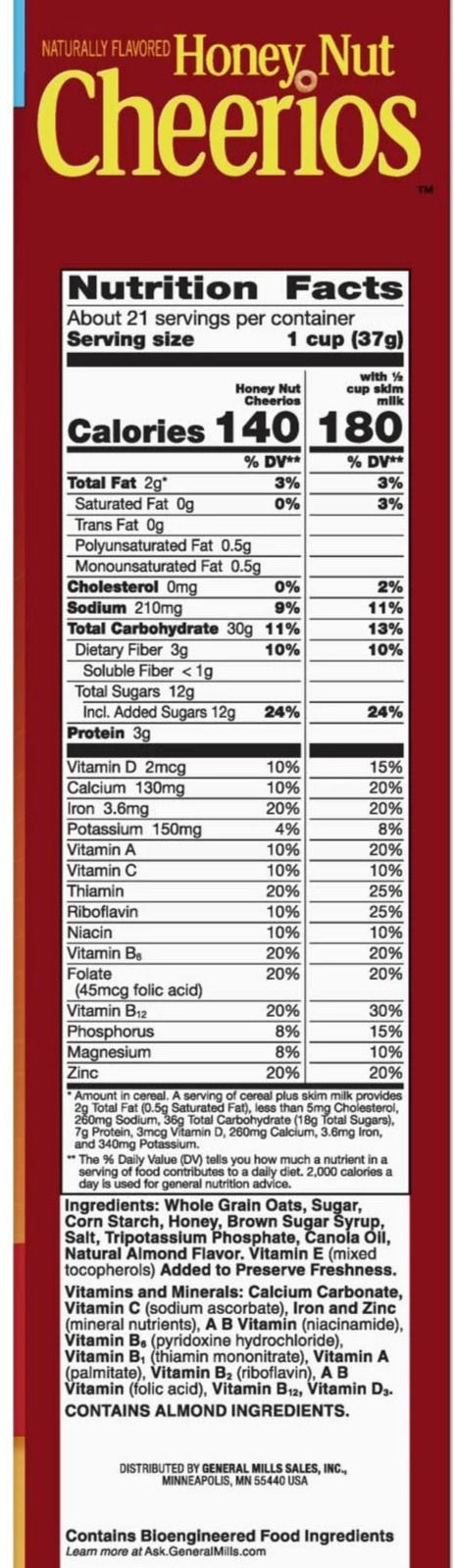 Honey Nut Cheerios Nutrition Panel