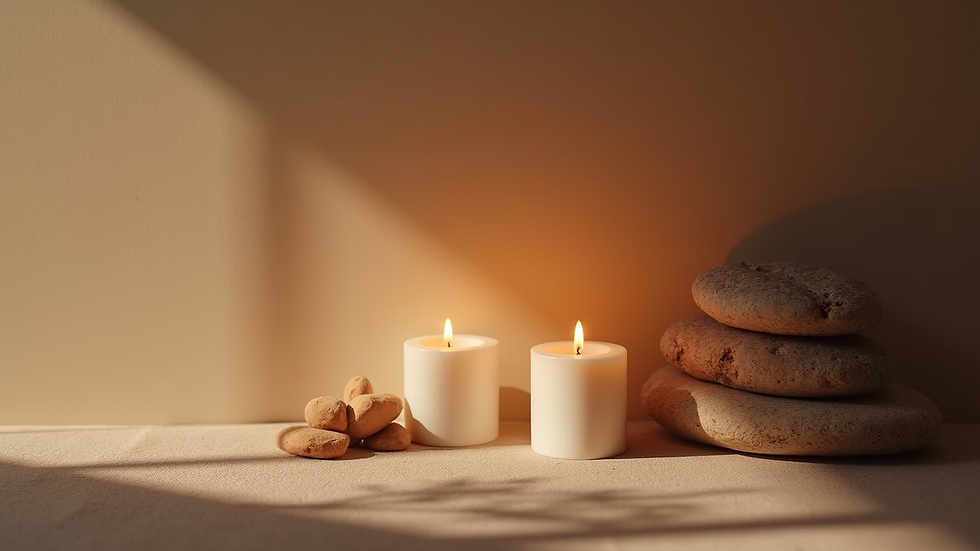 High angle view of a peaceful corner with candles and meditation accessories