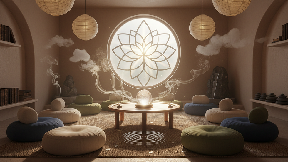 Eye-level view of a calm meditation space with cushions and soft lighting