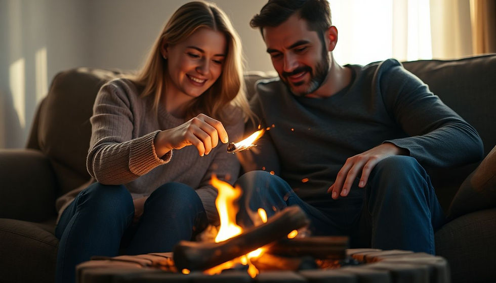 Couple on a couch roasting marshmallows over a small fire, smiling warmly. Cozy indoor setting with soft lighting and neutral colors.